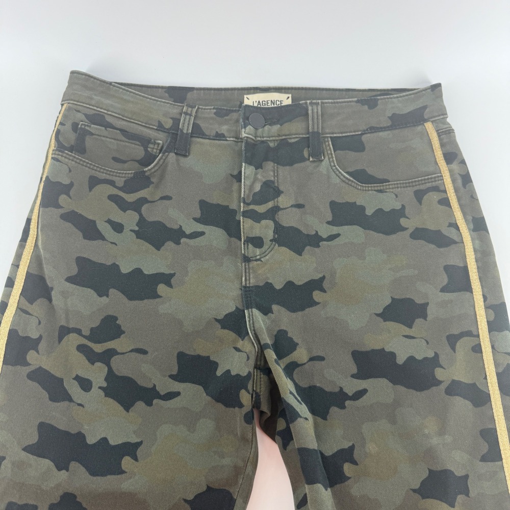 L'AGENCE Camo Skinny Jeans Gold Side Stripe Green Camouflage Size 28 Made in USA